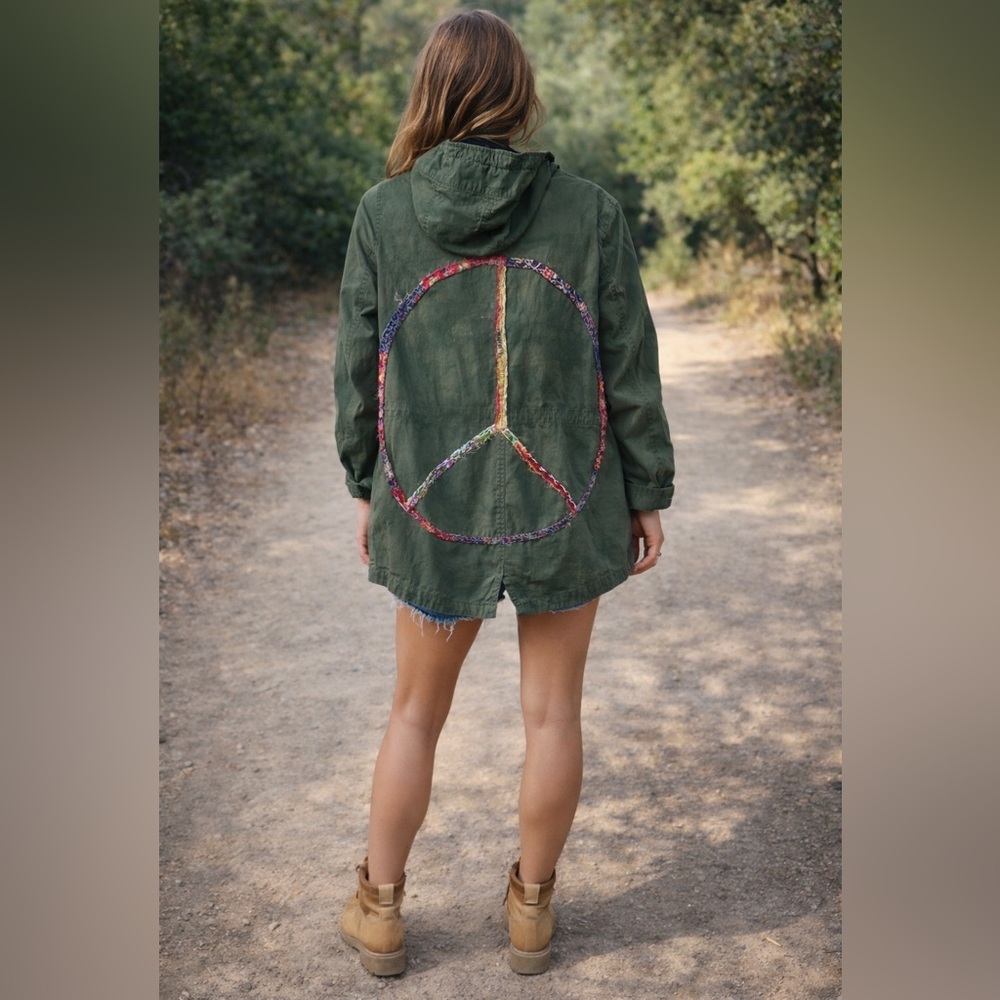 Olive Green Utility Jacket with Peace Sign Boho Flower Child. - Picture 1 of 3